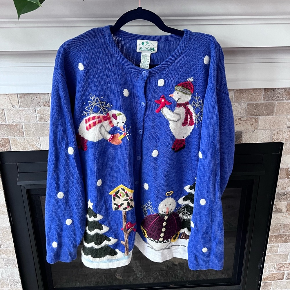 Quacker Factory 1X CUTE Vintage snowman/winter cardigan sweater EUC